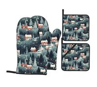 HJFCZH Christmas Village Prints 4-Piece Oven Mitt & Pot Holder Set - Insulated, Thick & Durable for Kitchen Baking, Microwave, Oven, Outdoor BBQ
