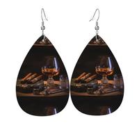 HJFCZH cigar and whiskey Prints Teardrop Leather Earrings - Vibrant Dangle Earrings for Women, Lightweight Fashion Jewelry with Silver-Plated Hooks, Ideal for Parties & Gifts