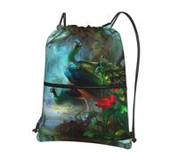 HJFCZH Colorful Peacock Prints Drawstring Zipper Backpack - Lightweight Water-Resistant Gym Bag for Travel, Sports & Yoga - Durable Foldable Cover with Front Pocket