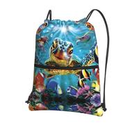 HJFCZH Colorful Sea Turtle Prints Drawstring Zipper Backpack - Water-Resistant & Durable Gym Bag for Travel, Sports & Everyday Essentials