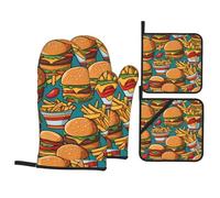 HJFCZH Cute Burger Fries Prints Kitchen Throw Set: Durable Oven Layers with Waterproof Polyester - 4 Piece Heat Protection System