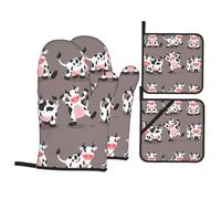 HJFCZH Cute Cartoon Cow Prints Oven Mitts and Pot Holders Set, Waterproof Polyester, Black, 4 Piece