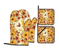 HJFCZH Daisy Butterfly Prints 4-Piece Oven Mitt & Pot Holder Set - Insulated, Thick & Durable for Kitchen Baking, Microwave, Oven, Outdoor BBQ