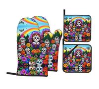 HJFCZH Day of The Dead Prints Oven Mitts & Pot Holders Set - Waterproof Kitchen Throw & Heat Resistant Layers - Durable Covers for Cooking, Baking & BBQ