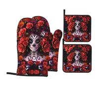 HJFCZH Day Of The Dead Sugar Roses Skull Prints Kitchen Baking Set - 4-Piece Heat Resistant Covers with Waterproof Oven Mitts for Cooking & Grilling