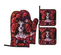 HJFCZH Day Of The Dead Sugar Roses Skull Prints Kitchen Baking Set - 4-Piece Heat Resistant Mitts & Covers, Waterproof & Durable for Oven, Grill & Serving