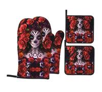 HJFCZH Day Of The Dead Sugar Roses Skull Prints Kitchen Covers: Waterproof Oven Layers for Safe Cooking & Easy Cleanup - 4 Piece Heat Protection Set