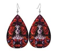 HJFCZH Day Of The Dead Sugar Roses Skull Prints Teardrop Leather Earrings - Lightweight Dangles with Silver-Plated Hooks, Vivid Color & Hypoallergenic Design for Festive Occasions