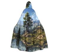 HJFCZH Deer Mountain Pine Tree Wilderness Pattern Halloween Adult Hooded Cape Super Large Hooded Cloak with Bow Tie, No Zipper