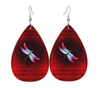 HJFCZH Dragonfly on Red Background Prints Teardrop Leather Earrings - Vibrant Dangle Earrings for Women, Lightweight Fashion Jewelry with Silver-Plated Hooks, Ideal for Parties & Gifts