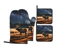 HJFCZH Elk in the meadow Prints Kitchen Baking Set - Heatproof Oven Mitts & Pot Holders with Waterproof Layer for Grilling, Roasting & Dish Handling