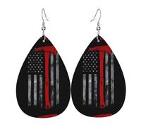 HJFCZH Firefighter Axe Red Line Flag Prints Dangle Leather Earrings - Elegant Water Drop Drops for Festive Style & Everyday Chic