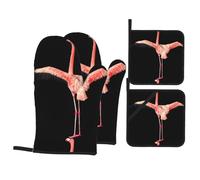 HJFCZH Flamingo Print Oven Mitts and Pot Holders Set, Black, Waterproof Polyester, 21 x 21 cm, 4 Piece