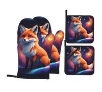 HJFCZH Fox On The Galaxy Prints Oven Mitts & Pot Holders Set - Waterproof Kitchen Throw & Heat Resistant Layers - Durable Covers for Cooking, Baking & BBQ