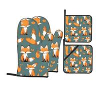 HJFCZH Fox Pattern Oven Mitts and Pot Holders Set, Waterproof Polyester, Heat-Resistant, Black, 4 Pieces