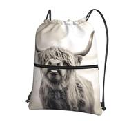 HJFCZH Funny Highland Cow Prints Drawstring Zipper Backpack - Lightweight Sporty Throw Bag for Gym, Travel & Yoga - Durable Water-Resistant Design