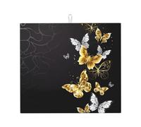 HJFCZH Gold White Butterflies Black Prints Kitchen Drying Mat - Absorbent Dish Drying Throw with Vibrant Prints, Quick-Dry Countertop Cover for Dishes & Utensils - Non-Slip