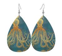 HJFCZH Golden Octopus Prints Teardrop Leather Earrings - Vibrant Dangle Earrings for Women, Lightweight Fashion Jewelry with Silver-Plated Hooks, Ideal for Parties & Gifts