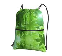 HJFCZH Green Leaf Nature Prints Drawstring Zipper Backpack - Lightweight Water-Resistant Gym Bag for Travel, Sports & Yoga - Durable Foldable Cover with Front Pocket