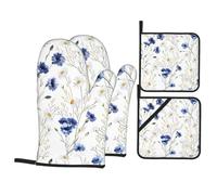 HJFCZH Hand Drawn Flower Oven Mitts and Pot Holders Set, Waterproof Polyester, Blue Floral, 4 Piece