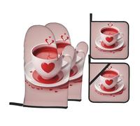 HJFCZH Heart Cup Prints Oven Mitts & Pot Holders Set - Waterproof Kitchen Throw & Heat Resistant Layers - Durable Covers for Cooking, Baking & BBQ