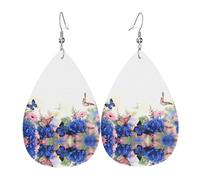 HJFCZH Hydrangeas Daisies Butterflies Prints Teardrop Leather Earrings - Lightweight Dangles with Silver-Plated Hooks, Vivid Color & Hypoallergenic Design for Festive Occasions