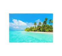 HJFCZH Island with Sandy Beach and Palm Tree Prints Heavy-Duty Table Layers - Heatproof Placemat Set of 6, 12x18 Inch Washable Dining Covers for Hotel & Home Banquet Styling