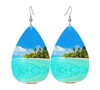 HJFCZH Island with Sandy Beach and Palm Tree Prints Water Drop Earrings - Fashionable Faux Leather Drops with 925 Sterling Silver Earring Hooks - Durable & Stylish