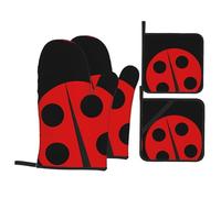 HJFCZH Ladybug Print Oven Mitts and Pot Holders Set, Polyester, Black and Red, 4 Piece