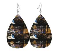 HJFCZH Las Vegas night view Prints Teardrop Leather Earrings - Vibrant Dangle Earrings for Women, Lightweight Fashion Jewelry with Silver-Plated Hooks, Ideal for Parties & Gifts