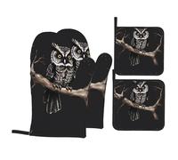 HJFCZH Late Night Owl Prints Kitchen Covers: Waterproof Oven Layers for Safe Cooking & Easy Cleanup - 4 Piece Heat Protection Set
