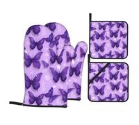 HJFCZH Leaf Butterfly Prints 4-Piece Oven Mitt & Pot Holder Set - Insulated, Thick & Durable for Kitchen Baking, Microwave, Oven, Outdoor BBQ