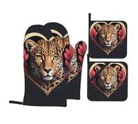 HJFCZH Leopard Heart Prints Oven Mitts & Pot Holders Set - Waterproof Kitchen Throw & Heat Resistant Layers - Durable Covers for Cooking, Baking & BBQ
