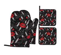 HJFCZH Lips High Heels Print Oven Mitts and Pot Holders Set, Black Red, Polyester, 21x21 cm, 4 Piece
