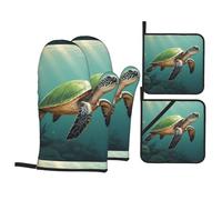 HJFCZH Little Green Turtle Picture Kitchen Baking Set of 4 Thick Insulated Oven Mitt & Pot Holders, Anti-Scalding for Microwave, Oven, Outdoor BBQ