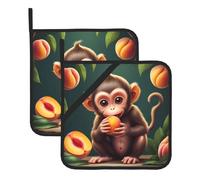 HJFCZH Little Monkey Eating Peach Printed Square Insulated Pot Mat Set (2-Piece) 8x8in Waterproof, Thickened & Easy to Clean with Lanyard Design for Kitchen, Oven & BBQ