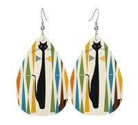 HJFCZH Mid-Century Modern Art Cat Prints Teardrop Leather Earrings - Lightweight Dangle Earrings for Women, Vivid Color Faux Leather Drops with Silver Plated Hooks, Stylish Jewelry