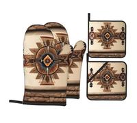 HJFCZH Native American Painting Oven Mitts and Pot Holders Set, Waterproof Polyester, Black, 4 Piece