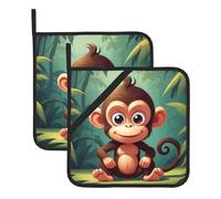 HJFCZH Naughty Little Monkey Printed Square Insulated Pot Mat Set (2-Piece) 8x8in Waterproof, Thickened & Easy to Clean with Lanyard Design for Kitchen, Oven & BBQ