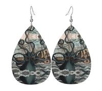 HJFCZH Octopus and boat Prints Teardrop Leather Earrings - Vibrant Dangle Earrings for Women, Lightweight Fashion Jewelry with Silver-Plated Hooks, Ideal for Parties & Gifts