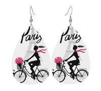 HJFCZH Paris Eiffel Tower Girl Bicycle Prints Dangle Leather Earrings - Elegant Water Drop Drops for Festive Style & Everyday Chic