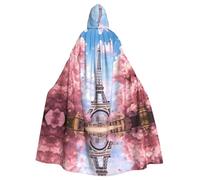 HJFCZH paris street eiffel tower pink floral Pattern Halloween Adult Hooded Cape Super Large Hooded Cloak with Bow Tie, No Zipper