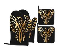 HJFCZH Phoenix Print Oven Mitts and Pot Holders Set, Waterproof Polyester, Black and Gold, 21x21 cm, 4 Piece