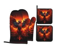 HJFCZH Phoenix Print Oven Mitts and Pot Holders Set, Waterproof Polyester, Black and Orange Red, 4 Piece
