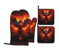 HJFCZH Phoenix Print Oven Mitts and Pot Holders Set, Waterproof Polyester, Orange Red, Black, 21cm, 4 Piece