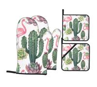 HJFCZH Polyester Oven Mitts and Pot Holders Set, Pink Flamingo Succulent Cactus Print, Waterproof, 4 Piece