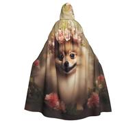 HJFCZH Pomeranian and flowers Pattern Halloween Adult Hooded Cape Super Large Hooded Cloak with Bow Tie, No Zipper