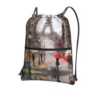 HJFCZH Rainy Street In Paris Prints Drawstring Zipper Backpack - Lightweight Water-Resistant Gym Bag for Travel, Sports & Yoga - Durable Foldable Cover with Front Pocket