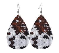 HJFCZH Red and white cowhide Prints Teardrop Leather Earrings - Vibrant Dangle Earrings for Women, Lightweight Fashion Jewelry with Silver-Plated Hooks, Ideal for Parties & Gifts