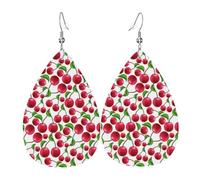 HJFCZH Red Cherries Prints Teardrop Leather Earrings - Vibrant Dangle Earrings for Women, Lightweight Fashion Jewelry with Silver-Plated Hooks, Ideal for Parties & Gifts